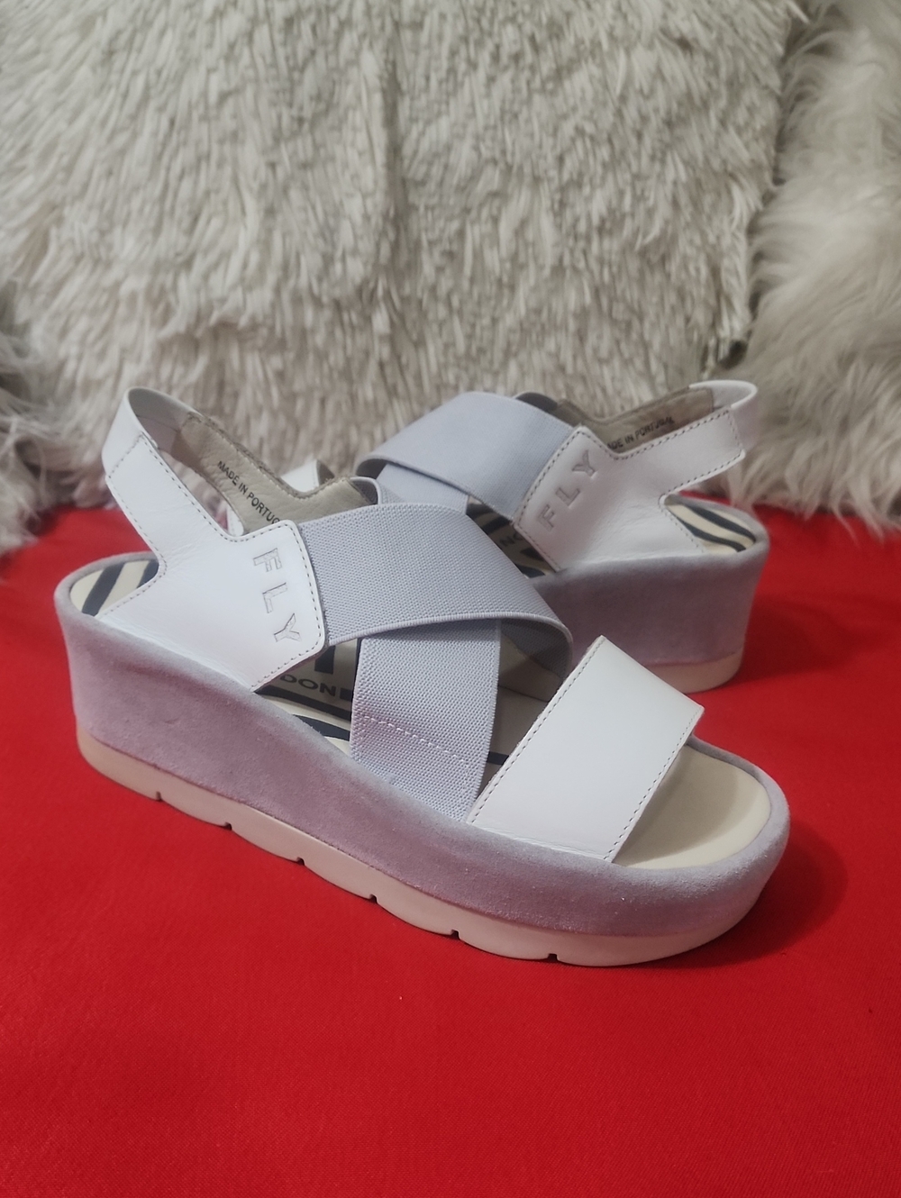 Fly London Bime 169 Fly White Platform Slingback Sandals with Pale Gray Straps